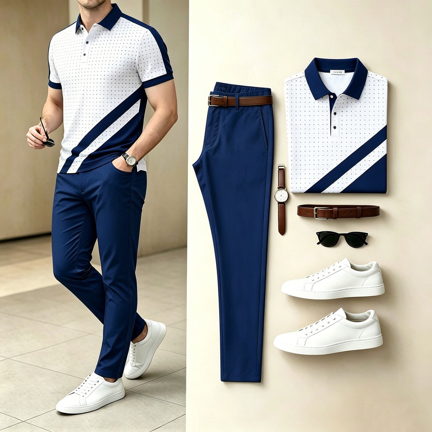 Men's Casual Dot Diagonal Stripe Polo Shirt & Long Pants Two-Piece Set