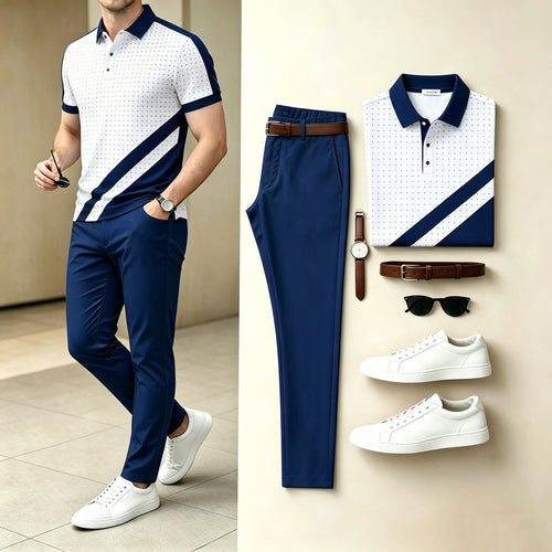 Men's Casual Dot Diagonal Stripe Polo Shirt & Long Pants Two-Piece Set