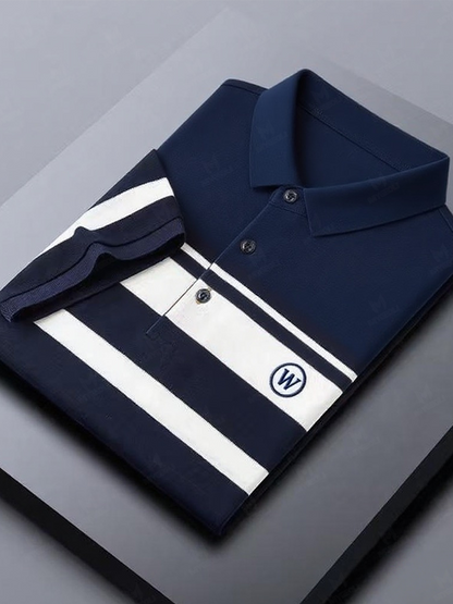 Men's Classic Business Stripe Button Short Sleeve Polo Shirt
