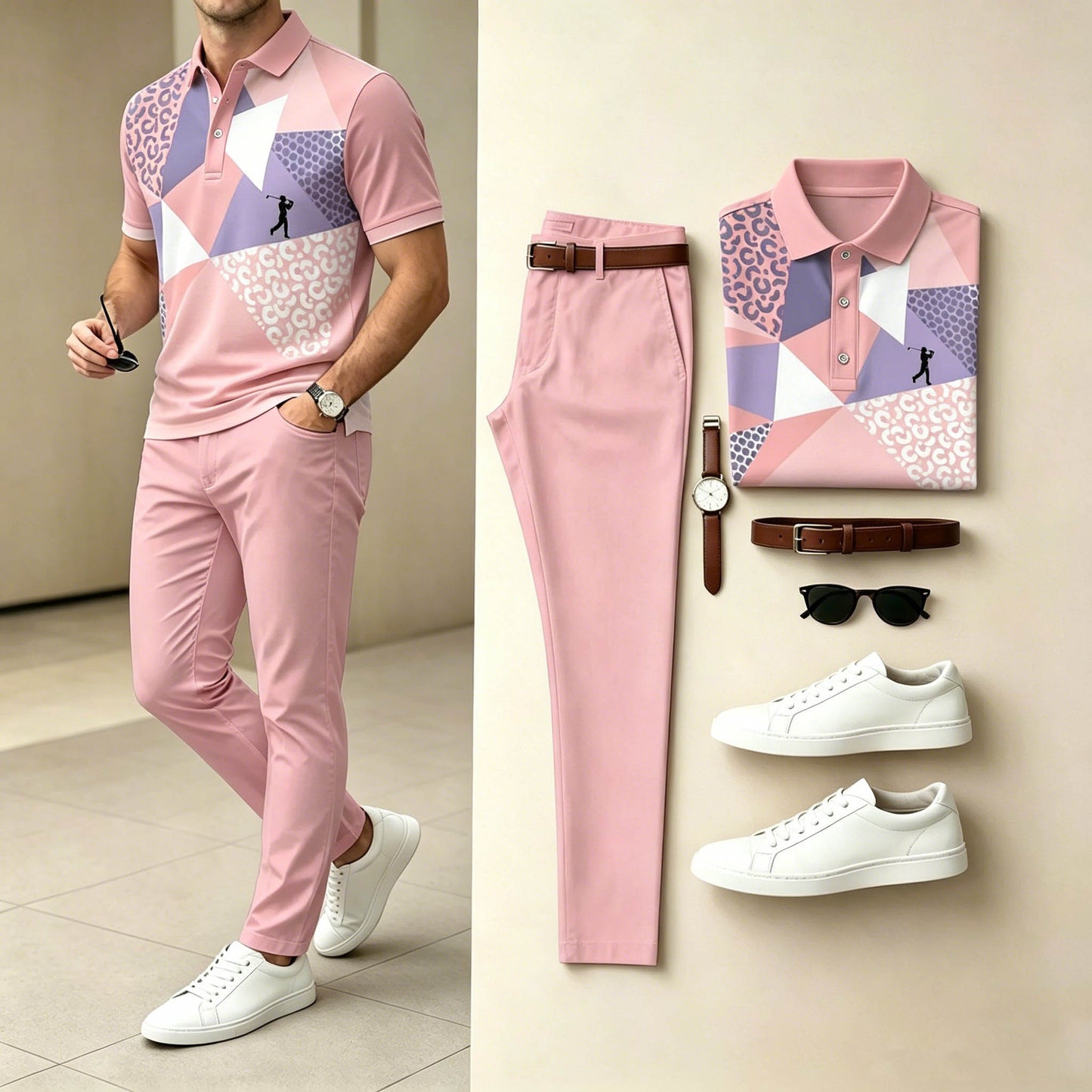 Men's Casual Pink Geometric Printed Polo Shirt & Pants Two-Piece Set