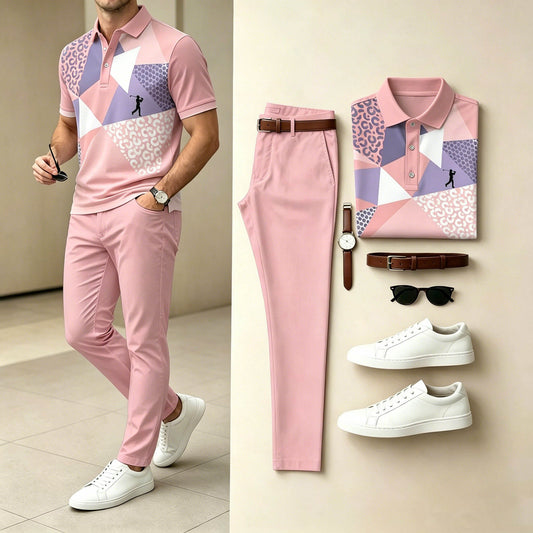 Men's Casual Pink Geometric Printed Polo Shirt & Pants Two-Piece Set