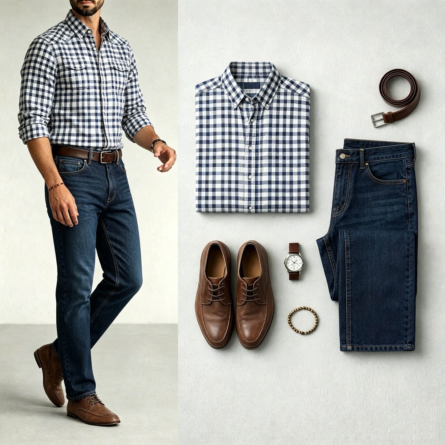 Men's Navy Blue Color Matching Retro Style Plaid Printed Lapel Collar Shirt & Jeans Two-Piece Set