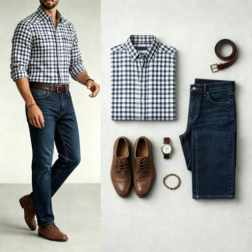 Men's Navy Blue Color Matching Retro Style Plaid Printed Lapel Collar Shirt & Jeans Two-Piece Set