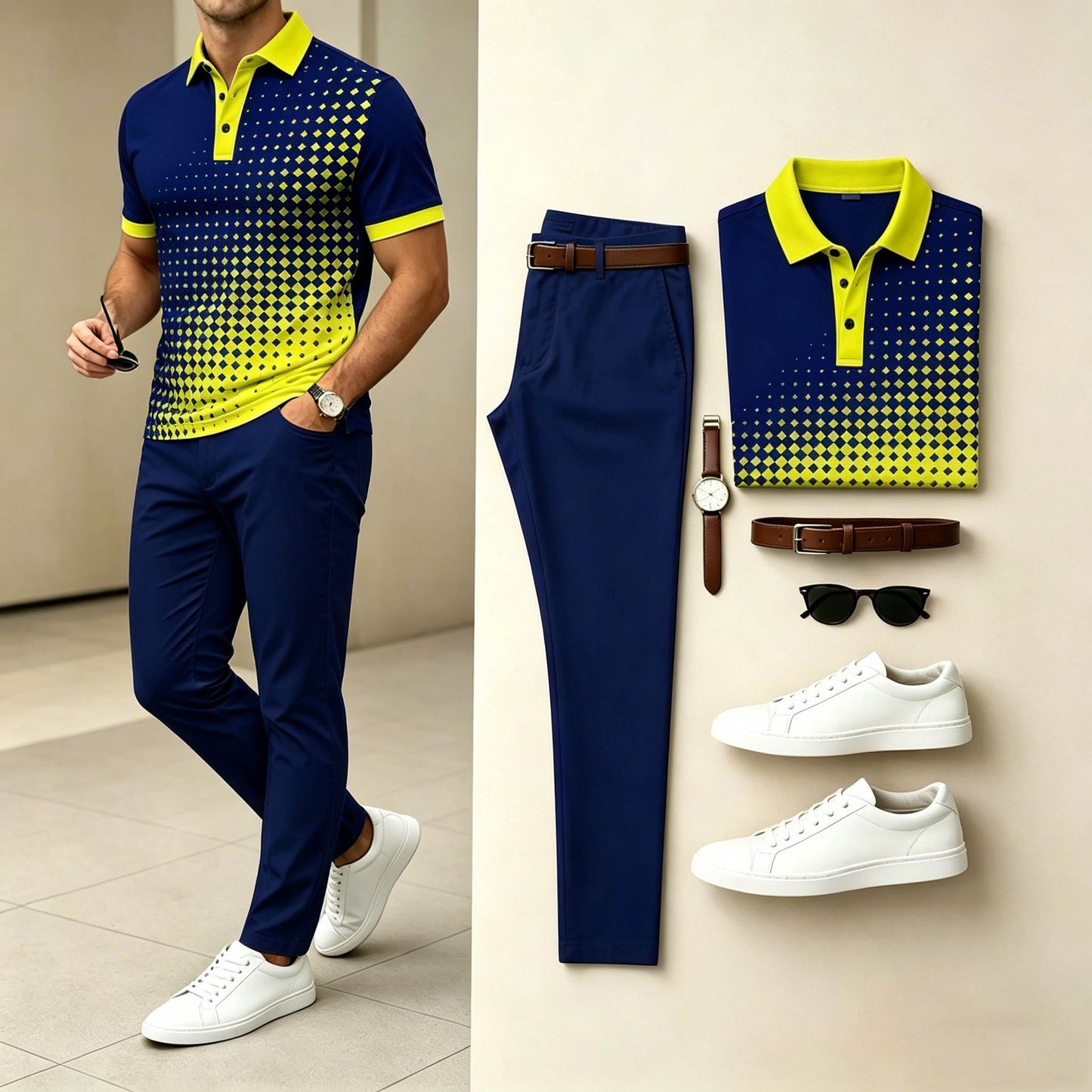 Men's Casual Navy Yellow Gradient Dot Printed Polo Shirt & Navy Pants Two-Piece Set