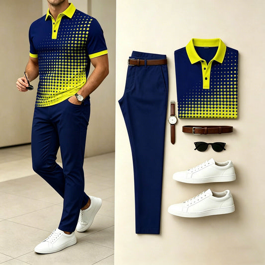 Men's Casual Navy Yellow Gradient Dot Printed Polo Shirt & Navy Pants Two-Piece Set
