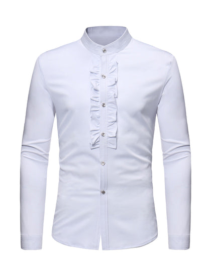 Men's Stand Collar Lace Solid Color Long Sleeve Tuxedo Dress Shirt