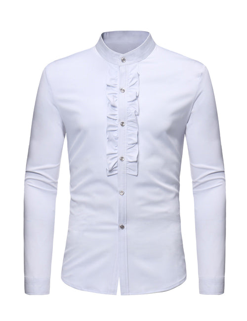 Men's Stand Collar Lace Solid Color Long Sleeve Tuxedo Dress Shirt