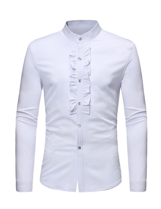 Men's Stand Collar Lace Solid Color Long Sleeve Tuxedo Dress Shirt