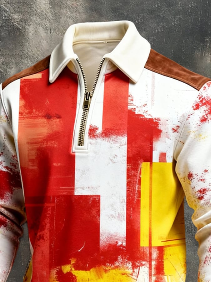 Men'S Vintage Color-Block Printed Zip-Up Sweatshirt