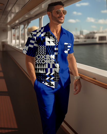 Men's retro colorblock short-sleeved shirt walking Suit 1675