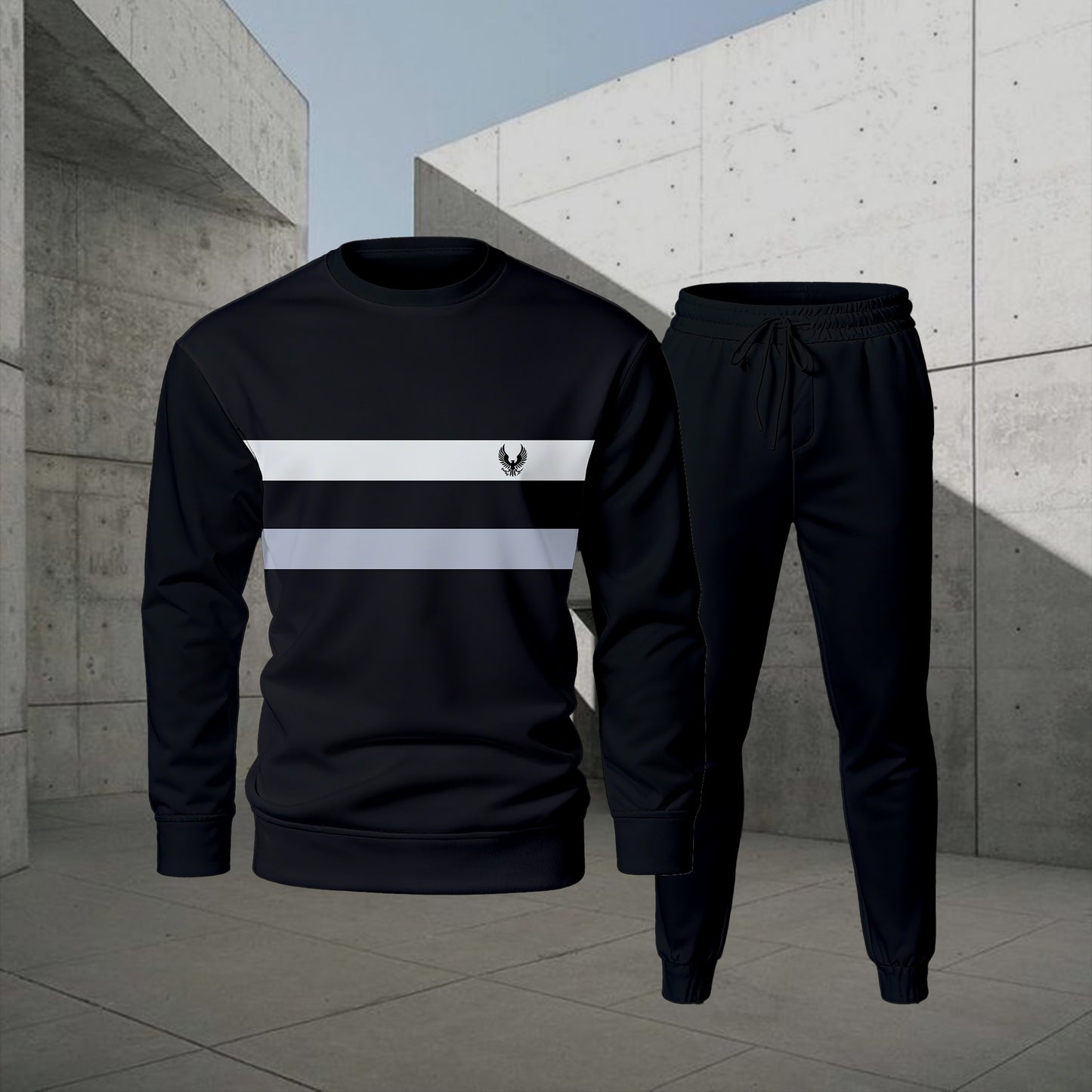 Men's Casual Color Matching Printed Round-Neck Long-Sleeve Sweatshirts Trousers Two-Piece Set