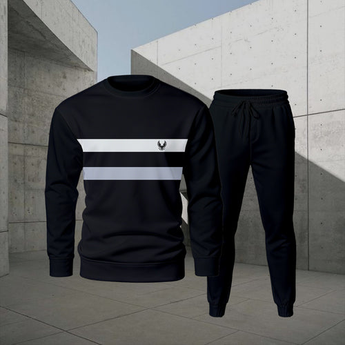 Men's Casual Color Matching Printed Round-Neck Long-Sleeve Sweatshirts Trousers Two-Piece Set