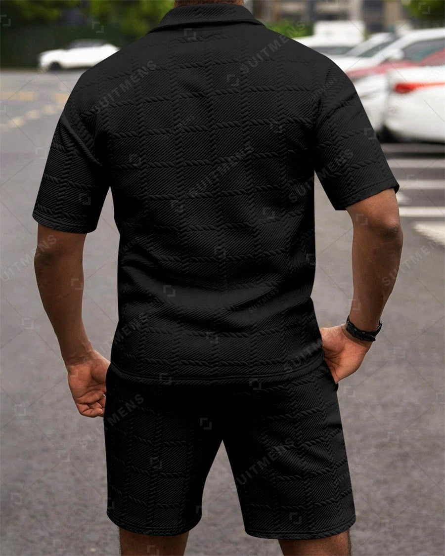 Men's Simple Textured Summer Polo Shirt Set 250