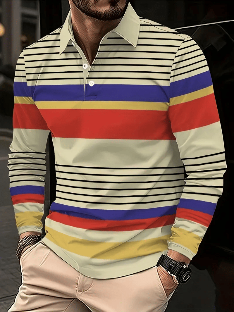 Men's Business Classic Stripe Print Button Polo Shirt