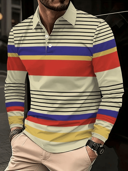 Men's Business Classic Stripe Print Button Polo Shirt