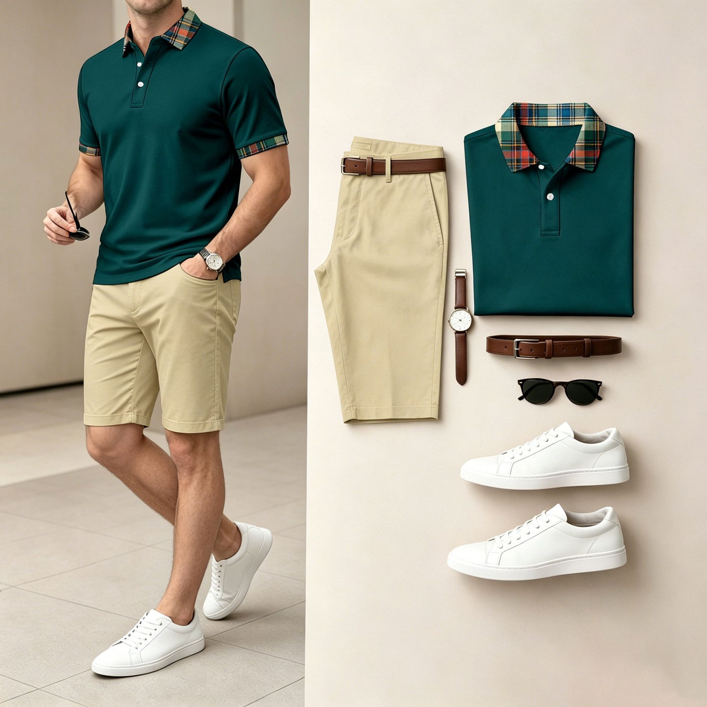 Men's Casual Green Color Polo Shirt & Shorts Two-Piece Set