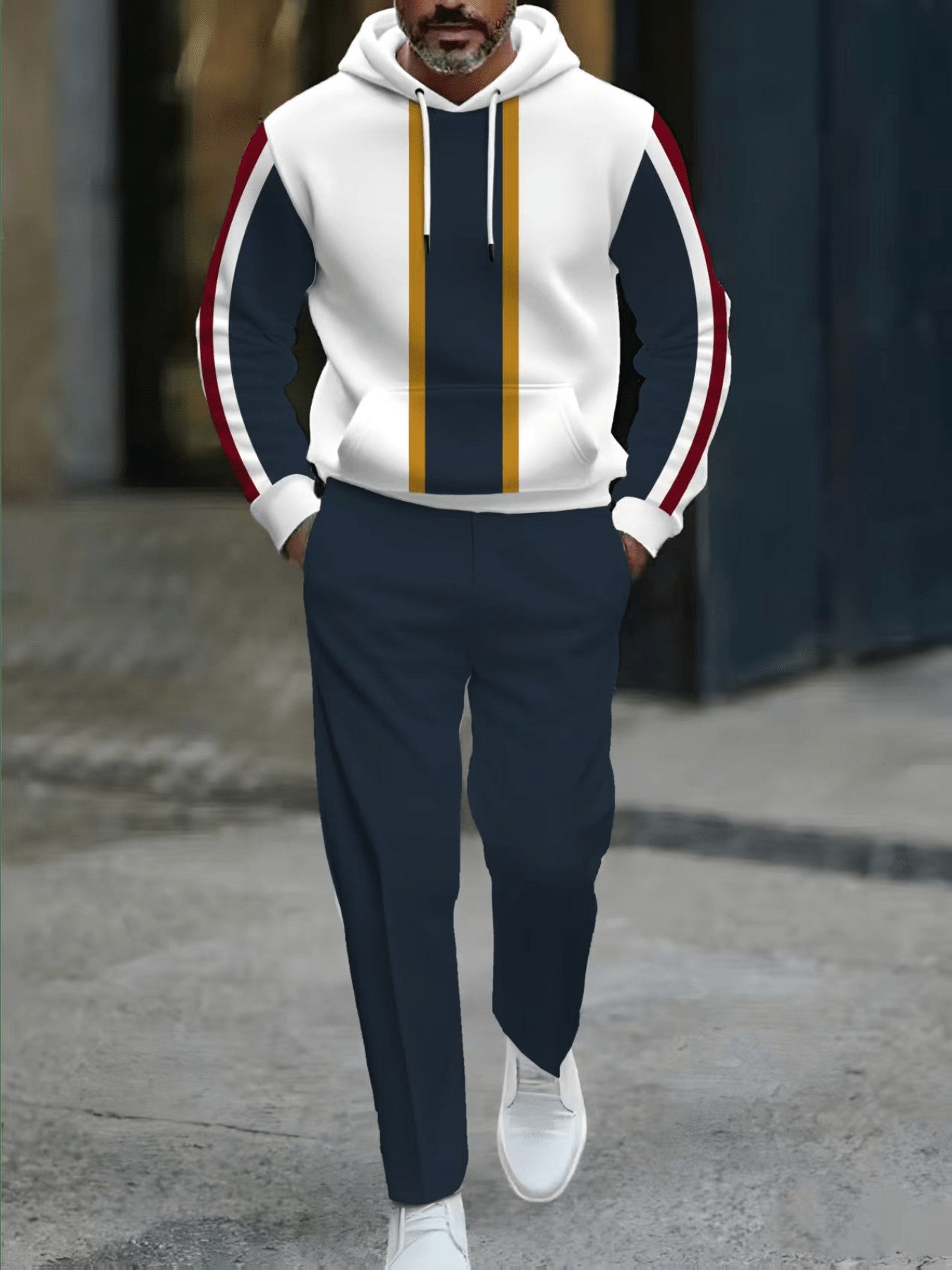 Men's Casual Navy Blue & White Striped Color Matching Printed Hooded Long Sleeved Trousers Two-Piece Set