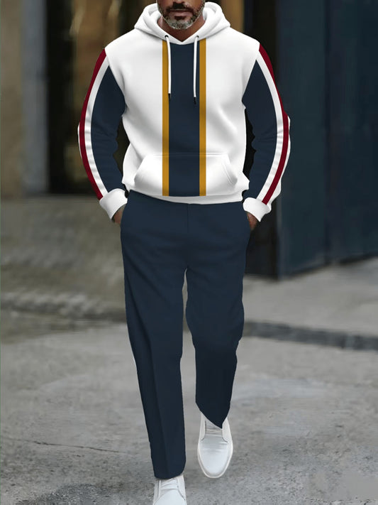 Men's Casual Navy Blue & White Striped Color Matching Printed Hooded Long Sleeved Trousers Two-Piece Set