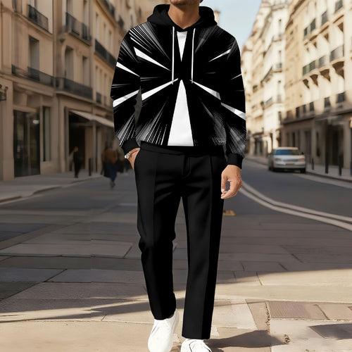 Men's Casual Color Matching Printed Long-Sleeve Hoodies Sweatshirt & Trousers Two-Piece Set
