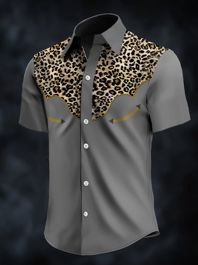 Men's Retro Western Contrast Print Short Sleeve Casual Shirt