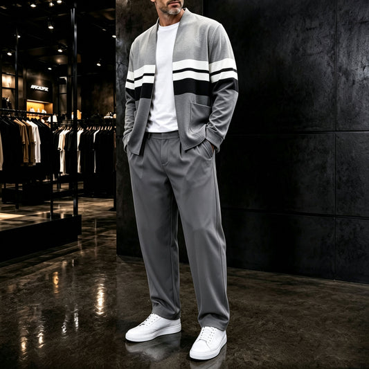 Men's Striped Cardigan and Pants Two-Piece Set