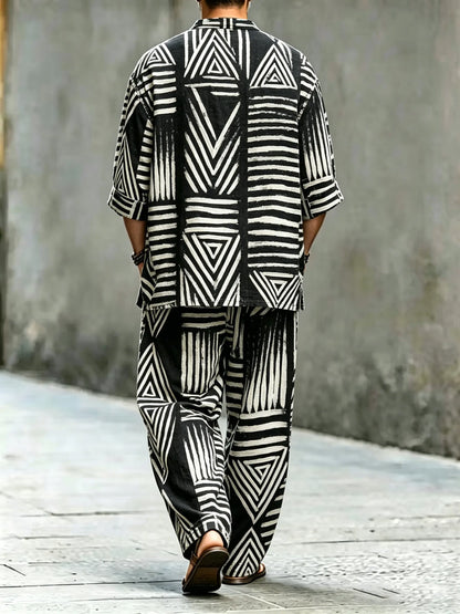 Men's Vintage Abstract Art Printed Cotton Shirt Set (Top & Pants)