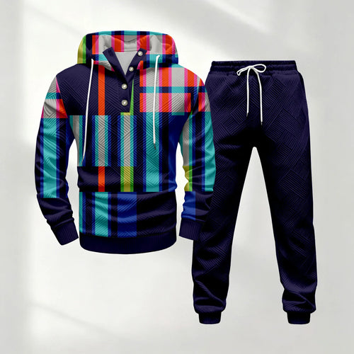 Men's Half-Button-Down Hooded Long-Sleeve Top and Pants Set