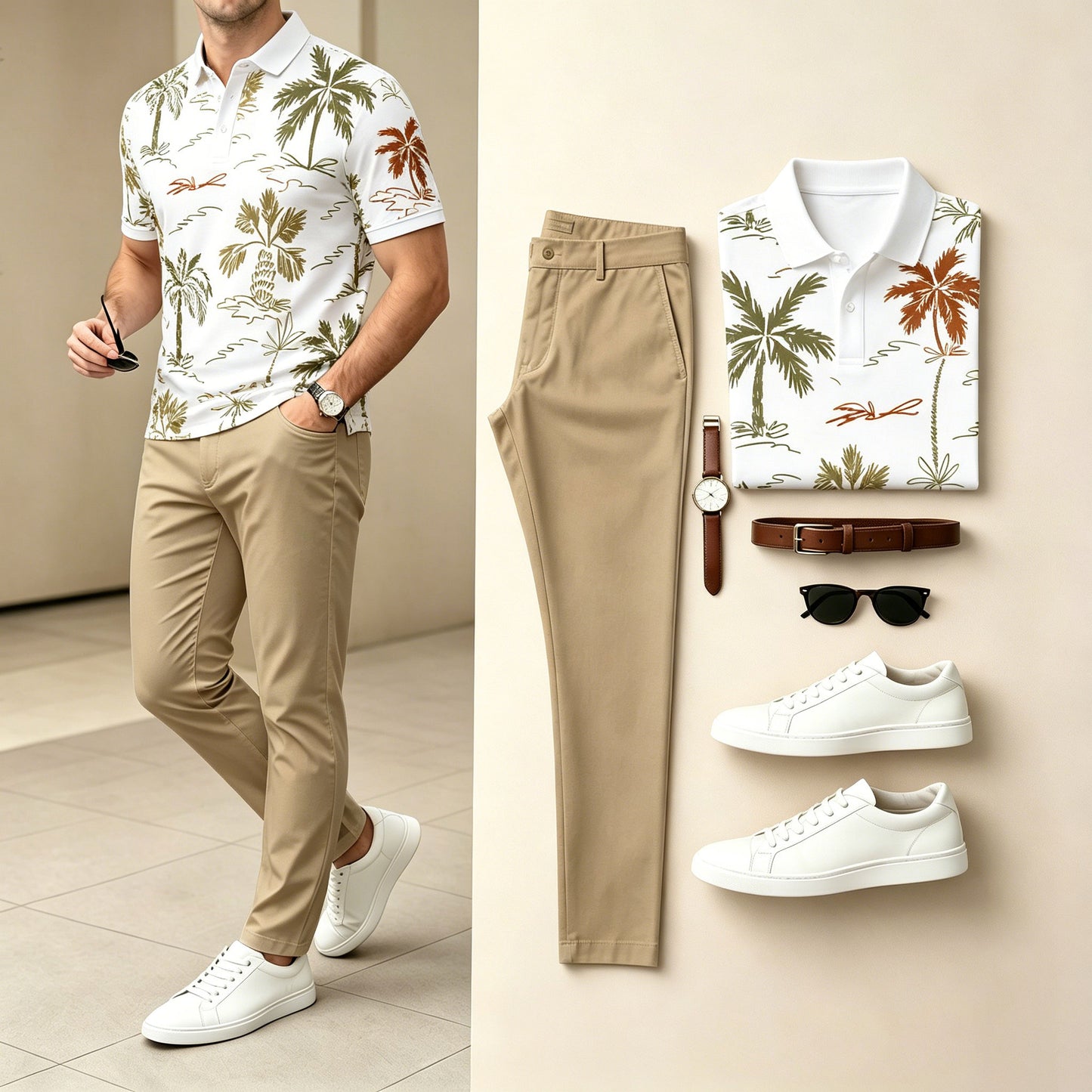 Men's Casual Khaki & White Color Matching Short Sleeves Polo Shirt & Pants Two Piece Set