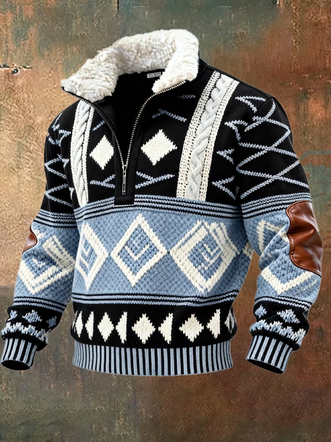 Men's Retro Color Block Print Casual Fur Collar Sweatshirt