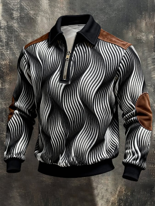 Men's Retro Color Block Print Color-Blocked Zip-Up Sweatshirt