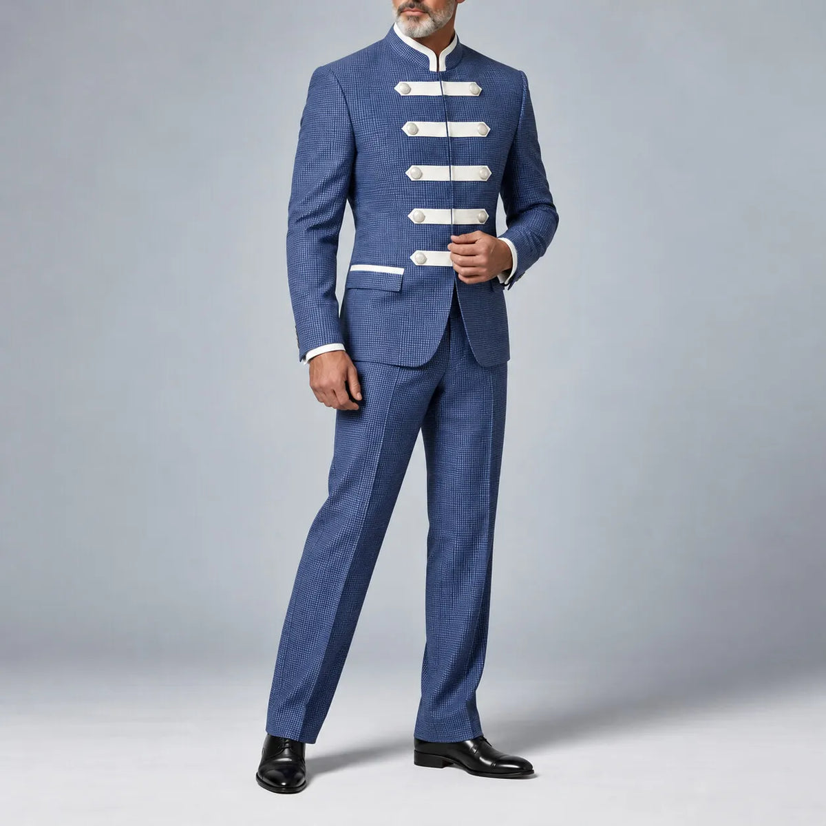 Men's Blue Classic Plaid Print Mandarin Collar Blazer & Pants Formal 2Pcs Suit