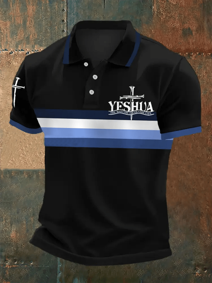 Men's Retro Faith “Yeshua The Way The Truth The Life Stripes�? Casual Printed Polo Shirt