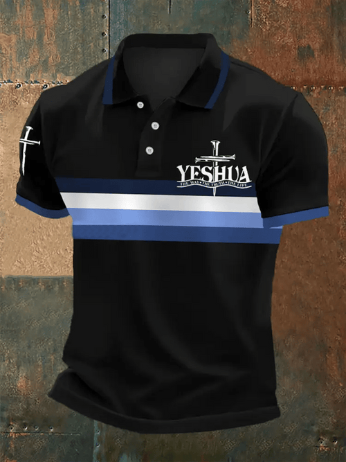 Men's Retro Faith “Yeshua The Way The Truth The Life Stripes�? Casual Printed Polo Shirt