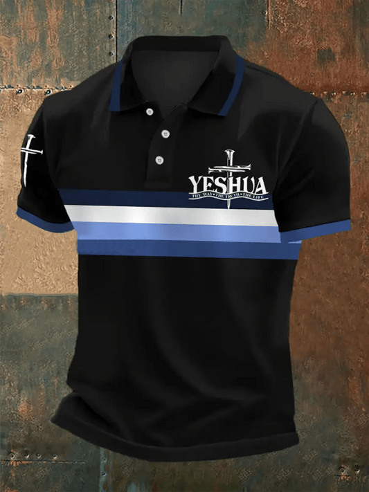 Men's Retro Faith “Yeshua The Way The Truth The Life Stripes�? Casual Printed Polo Shirt