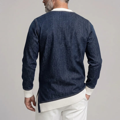 Men's Casual V Neck Contrast Rib Knit Trim Side Split Long Sleeve Denim Sweatshirt