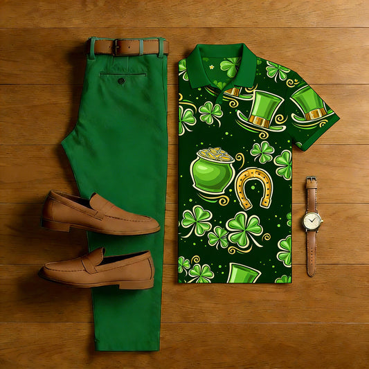 Men's Casual Green Color Matching Short Sleeved Polo Shirt & Trousers Two-Piece Set