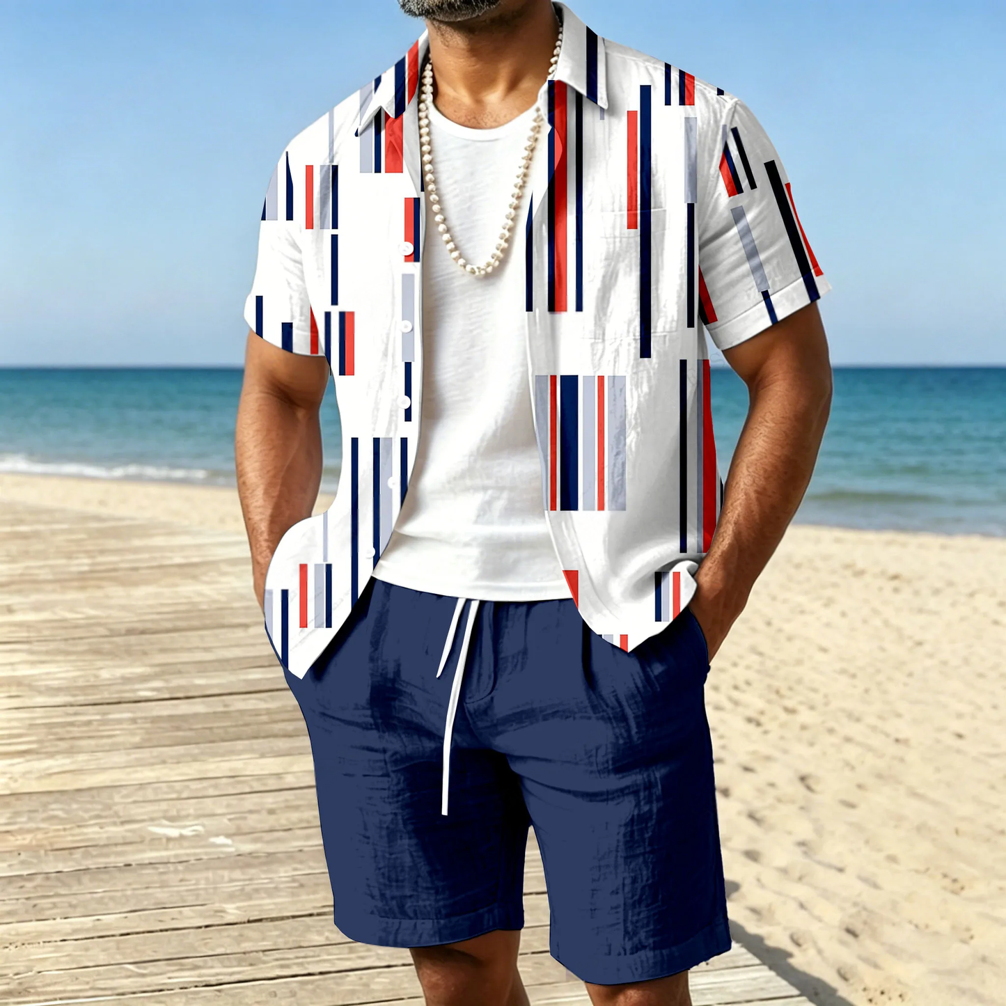 Men's Casual White Stripes Short-Sleeved Shirt And Shorts Two-Piece Set