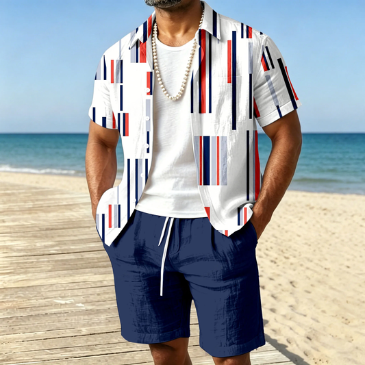 Men's Casual White Stripes Short-Sleeved Shirt And Shorts Two-Piece Set