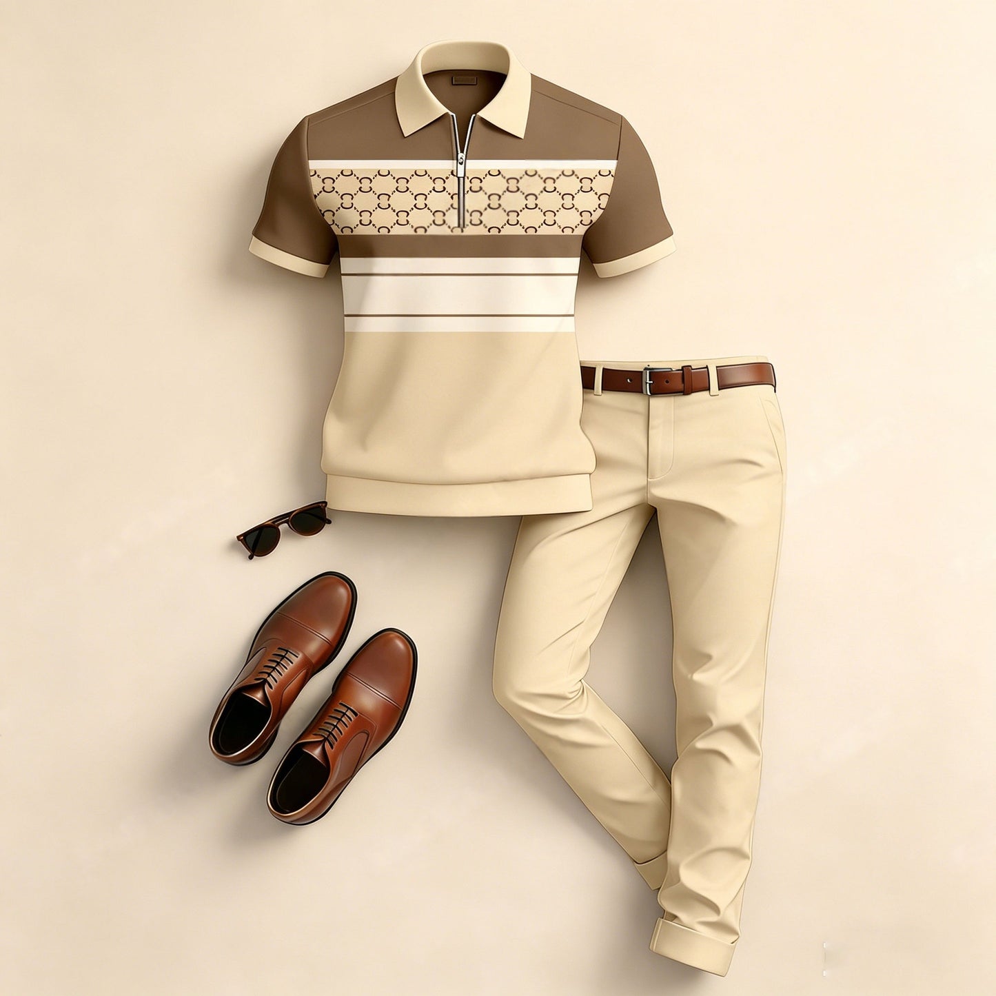 Men's Casual Color-Blocked Printed Short-Sleeve Polo Shirt And Pants Two-Piece Set