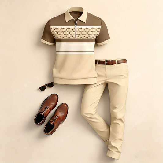 Men's Casual Color-Blocked Printed Short-Sleeve Polo Shirt And Pants Two-Piece Set
