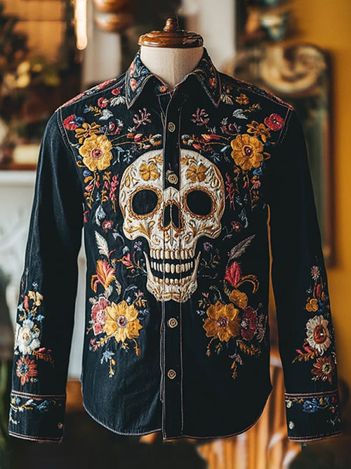 Men's Outdoor Vintage Skull and Floral Print Long Sleeve Shirt