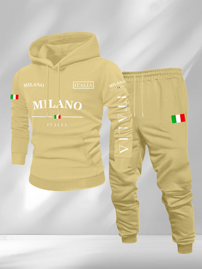 Men's Casual Color Matching Printed Hoodies Long Sleeved Sweatshirts & Sweatpants Two-Piece Set