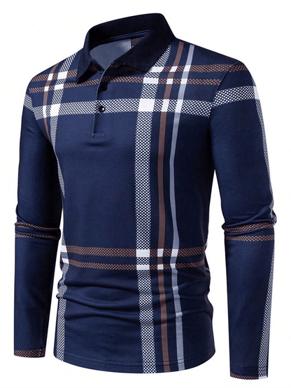 Men's Plaid Business Casual Long Sleeve Polo Shirt