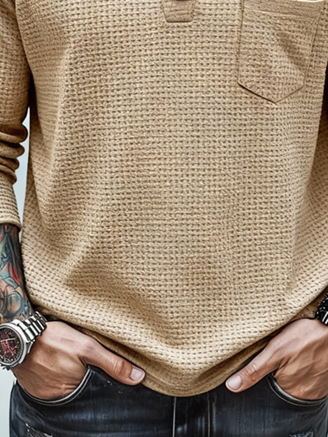 Men's Vintage Waffle-Knit Faux Two-Piece Long-Sleeved T-Shirt with Pockets