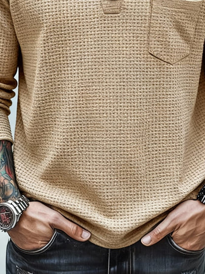Men's Vintage Waffle-Knit Faux Two-Piece Long-Sleeved T-Shirt with Pockets