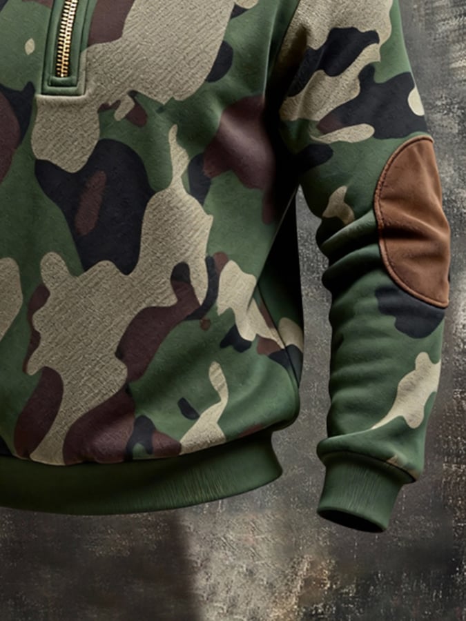 Men's Retro Color Block Print Color-Blocked Zip-Up Sweatshirt
