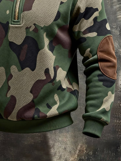 Men's Retro Color Block Print Color-Blocked Zip-Up Sweatshirt