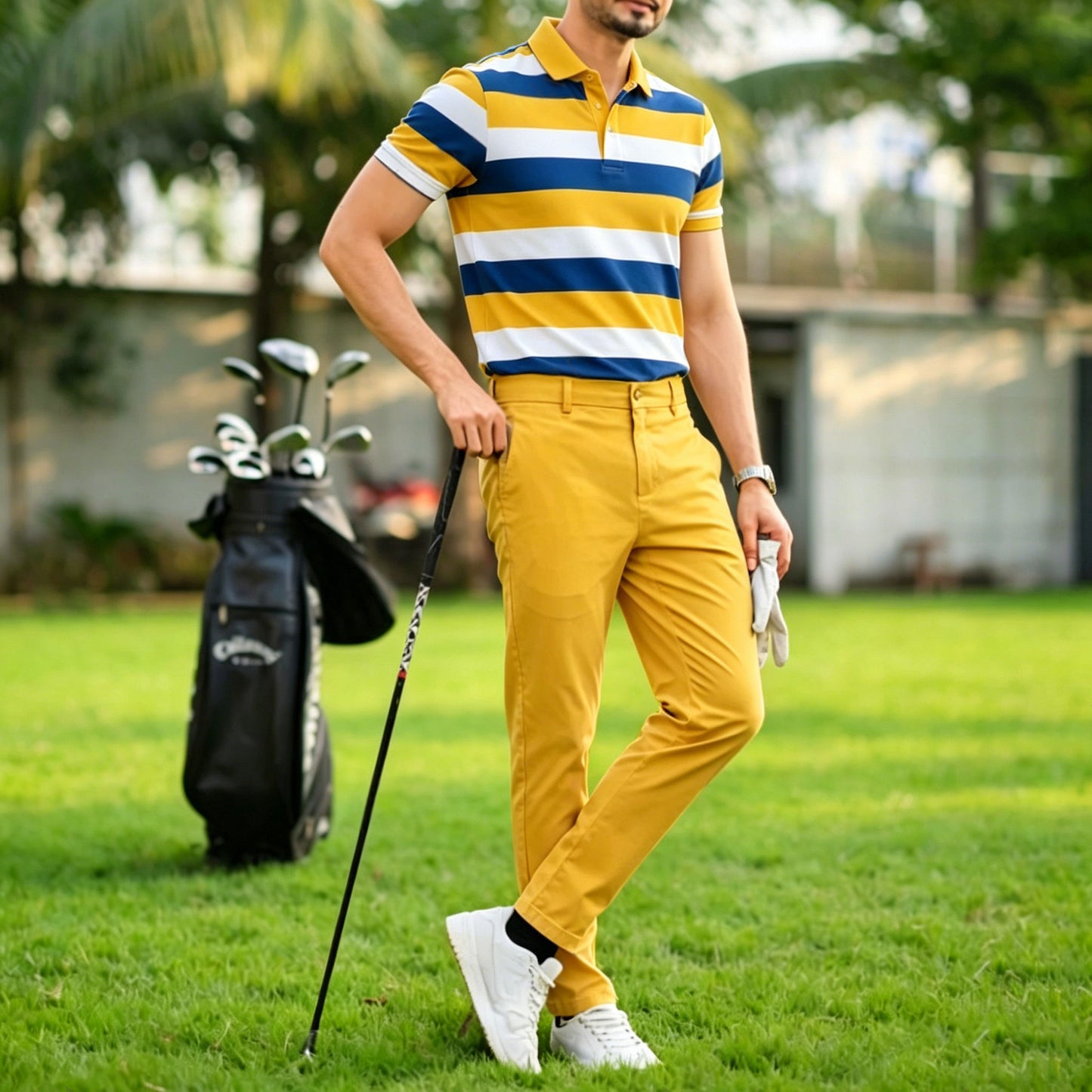 Men's Casual Yellow-White Geometric Printed Polo Shirt And Pants Two-Piece Set