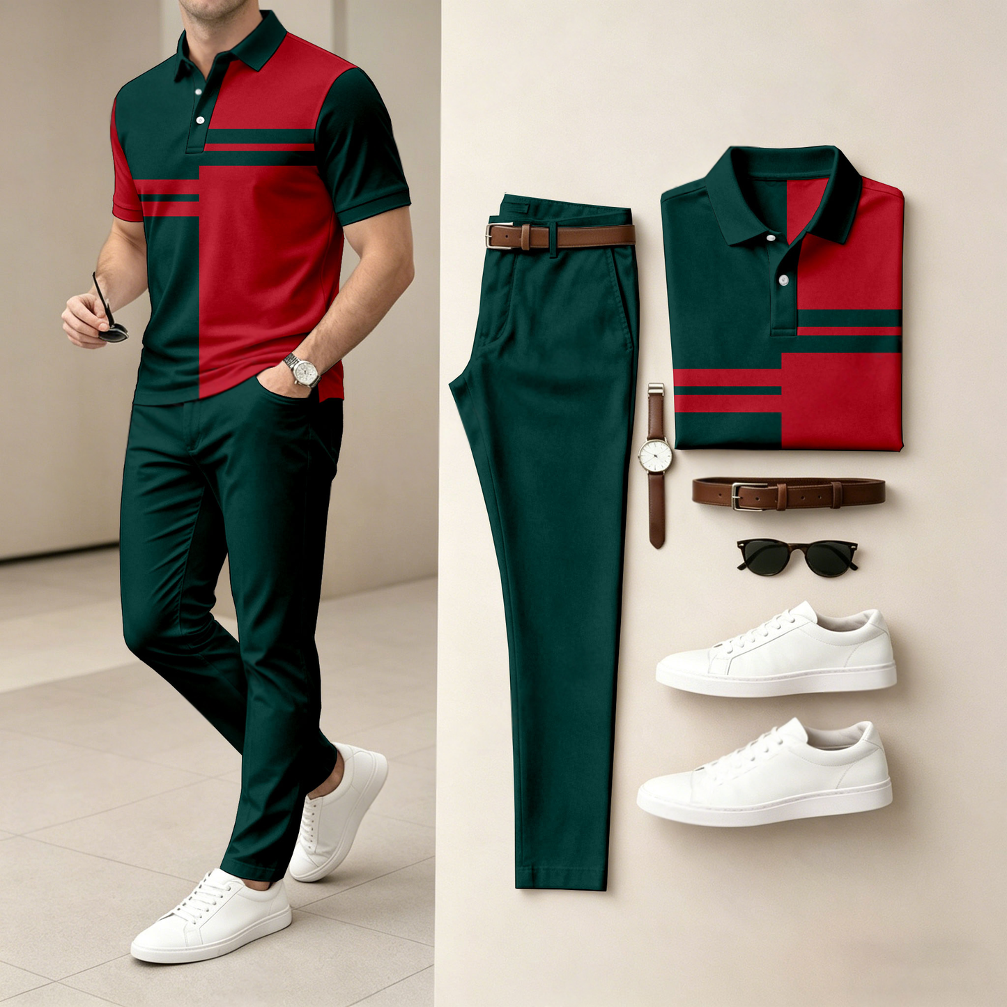 Men's Casual Color-Blocked Printed Short-Sleeve Polo Shirt And Pants Set (Excludes Accessories Such As Watches And Belts)