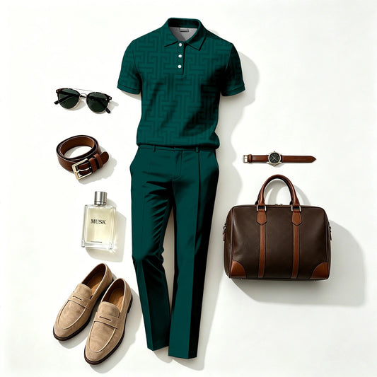 Men's Casual Green-Background Swastika-Print Short-Sleeve Polo Shirt and Pants Two-Piece Set (Does Not Include Accessories Such As Watches Or Glasses)